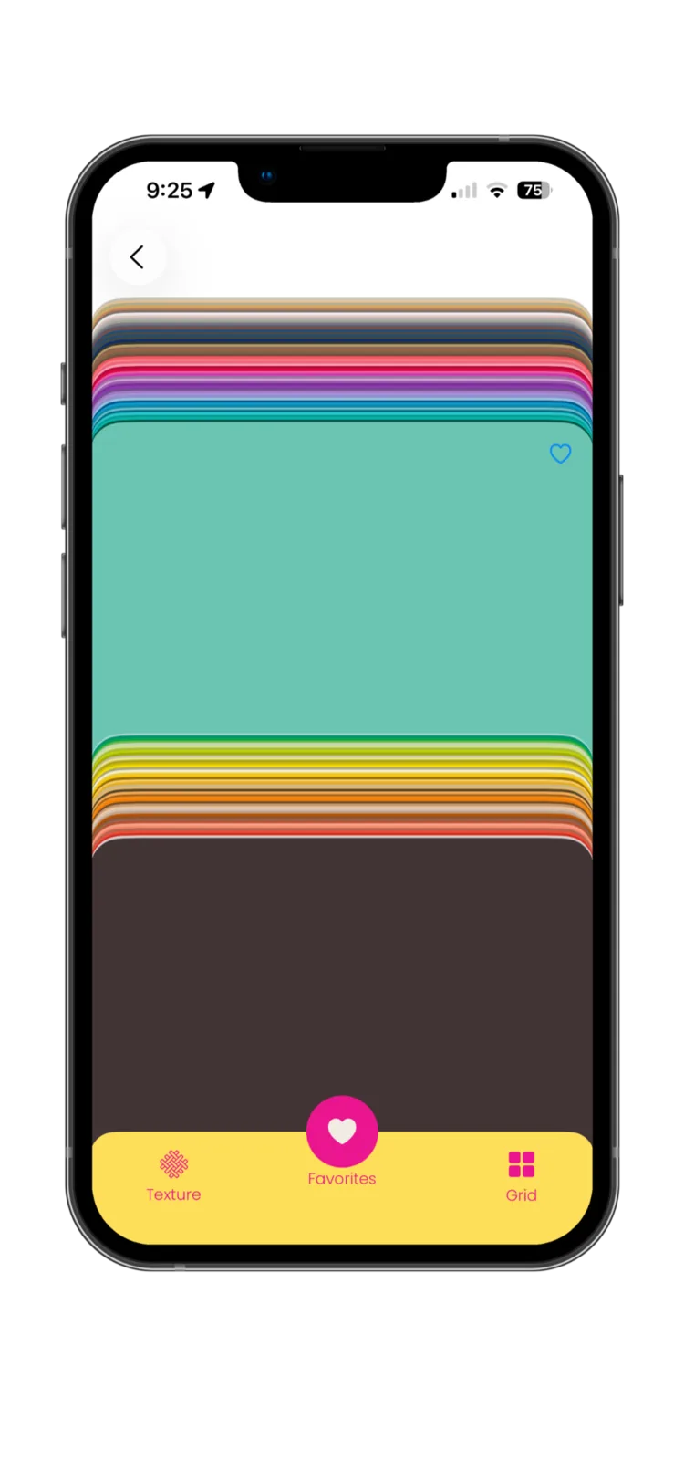 A single color card open full-screen in Color Curator, with the rest of the palette stacked above and below it.