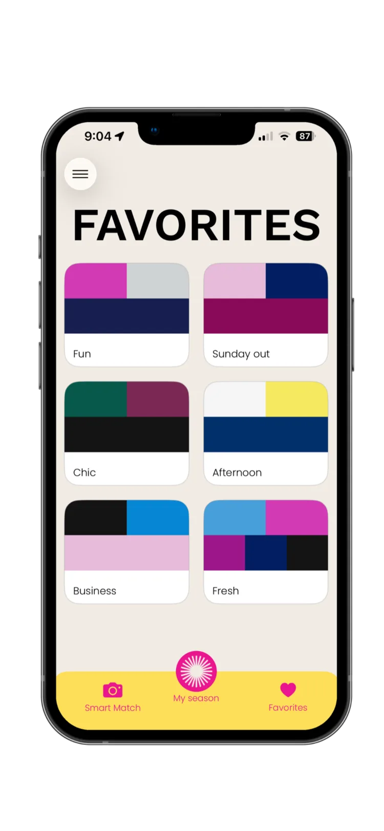 The Favorites screen in Color Curator with saved color combinations named Fun, Sunday out, Chic, Afternoon, Business and Fresh.