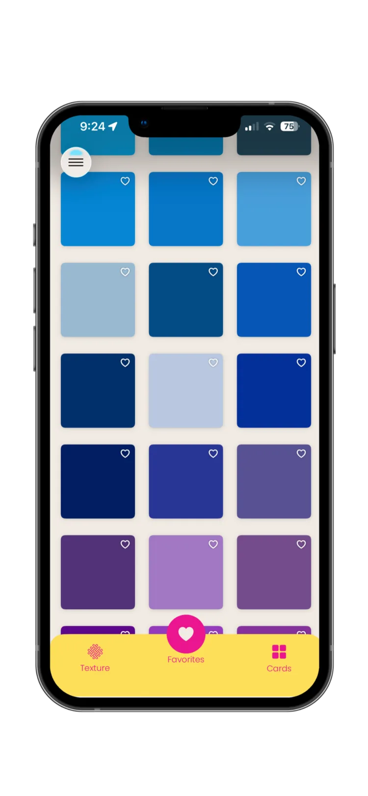 The Color Curator palette grid, showing rows of blue and purple swatches each with a favorite heart.