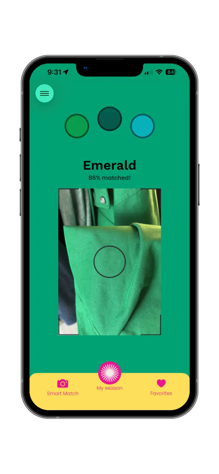 Smart Match in Color Curator reading a green shirt through the camera and reporting Emerald, 86% matched.